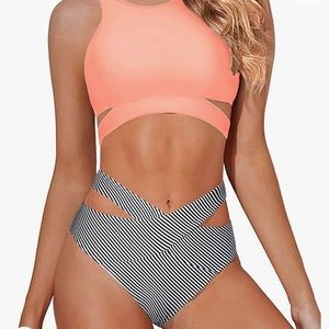 NWT Temp Me from Amazon sz M 2 piece swim Bikini pink black white full coverage